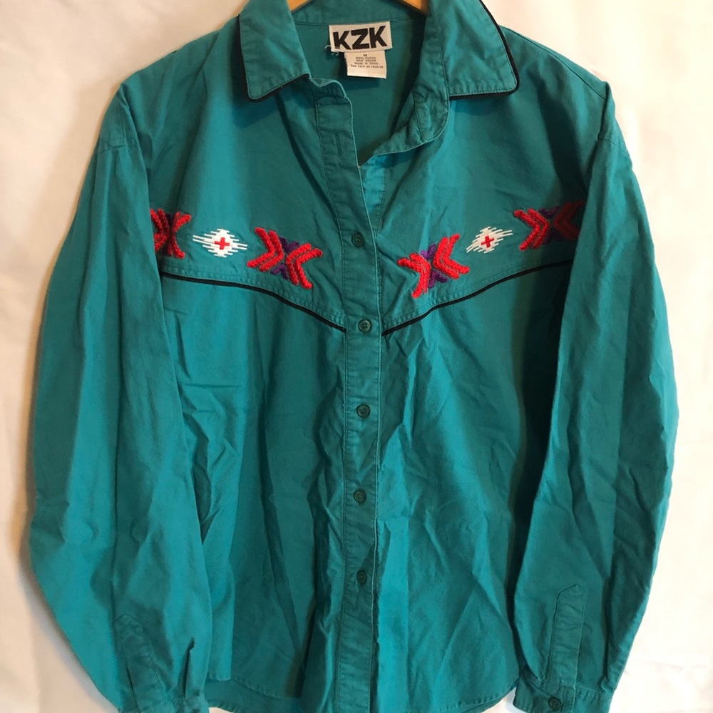 Vintage Western Turqoise Aztec Embroidered KZK Button Shirt Women Sz Medium - Picture 2 of 8